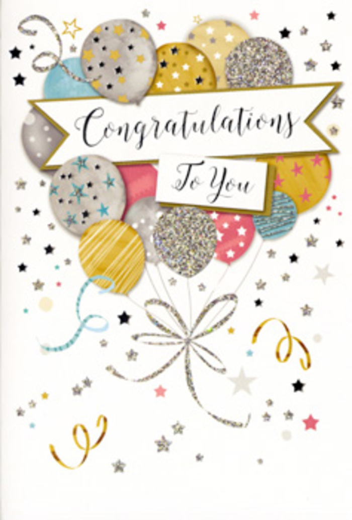 This image captures a refined congratulations card that feels both playful and sophisticated, just the sort of design you might choose to accompany a celebratory bouquet on its way to a home or office in Feltham. The card's artwork is anchored by a central bouquet of balloons, arranged so they appear to be rising gently into the air. The balloons are rounded and softly luminous, coloured in shades of burnished gold, cool silver, champagne cream, sky blue, blush pink, and pale grey. Each one is subtly decorated-some dotted with tiny stars, others crosshatched with delicate stripes or kissed with light glitter details-so that together they evoke the shimmer of party lights reflecting off polished surfaces. From the base of the balloons, a cascade of slender strings in metallic gold and silver flows down in sweeping curves, curling and crossing like the elegant ribbons we tie around hand-crafted arrangements at Feltham Flowers. Across the centre floats a classic banner, gently arched and bordered, carrying a simple but heartfelt message of congratulations in graceful, cursive lettering. Surrounding the banner and balloons, the background is sprinkled with small star motifs, curls of ribbon, and scattered confetti dots over a pale, understated ground, suggesting the joyful energy of a celebration without overwhelming the eye. The whole card hints at tactile richness: smooth, weighty card, raised glitter that catches the light, and glossy printed accents. It exudes quiet yet unmistakable joy, a fitting choice for celebrating exam results, job promotions, new ventures, or any proud moment in the Feltham, Hanworth, or Hounslow area, especially when presented alongside beautiful, fresh flowers.