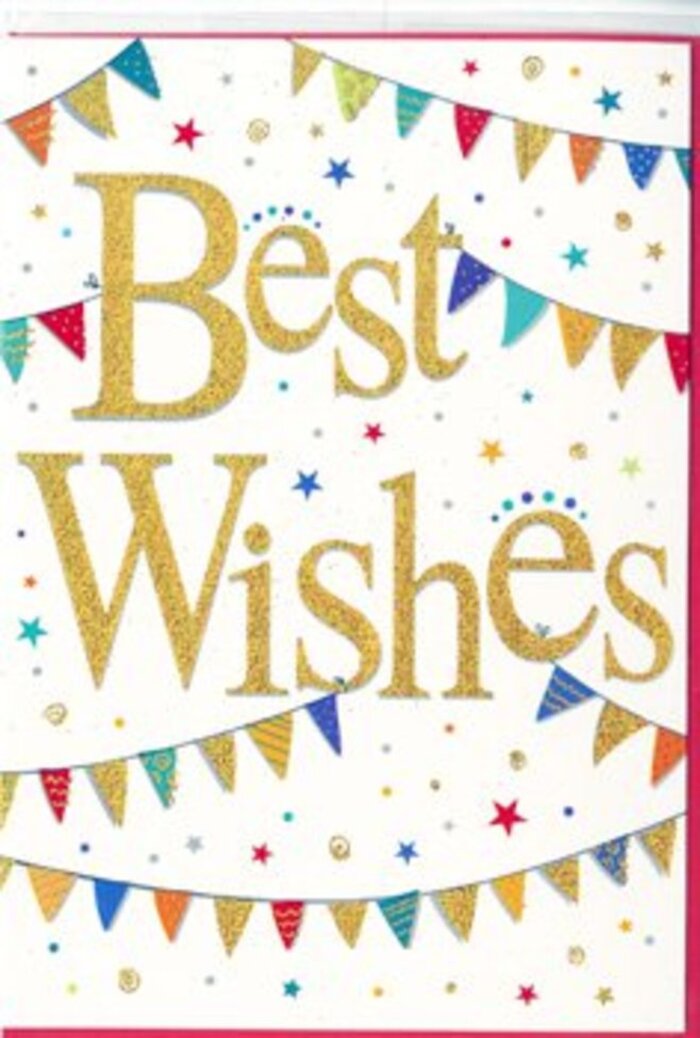 This Best Wishes card presents a joyful yet polished design that mirrors the friendly spirit of Feltham, where big celebrations often happen in close-knit spaces. The background is a bright, clear white, reminiscent of freshly painted walls, and it allows every colourful element to stand out sharply. At the centre of the layout, the phrase Best Wishes is written in flowing, cursive gold, the letters joined in an elegant rhythm that suggests both movement and poise. The gold appears to have a metallic or glittered finish, glinting subtly like sunlight catching the edge of a shop sign along Feltham High Street. Around this heartfelt message, arcs of festive bunting stretch in loose, relaxed curves, one row sweeping above the words and another mirrored below, forming a gentle frame. Each tiny triangular pennant is individually coloured and patterned, featuring jewel-like shades of red, blue, green, and yellow, with softer tones of pink and teal woven in. Some flags are solid blocks of colour, while others hold miniature stripes, clusters of dots, or mosaic-style designs that add playful depth. The bunting itself gives an impression of gentle motion, as though a light breeze from an open window were rustling it during a family gathering. Dotted across the white background, between the garlands and around the text, are small stars and round confetti marks in complementary colours, with bits of gold that echo the lettering. These scattered shapes lend the scene a sense of spontaneity, like confetti frozen mid-air at the height of a celebration. Overall, the card balances cheerfulness with refined simplicity, making it suitable for numerous occasions-congratulating someone on a new job in town, celebrating exam results, or sending supportive wishes to a friend starting a new chapter. Paired with a fresh bouquet from Feltham Flowers, it would convey genuine joy and optimism.