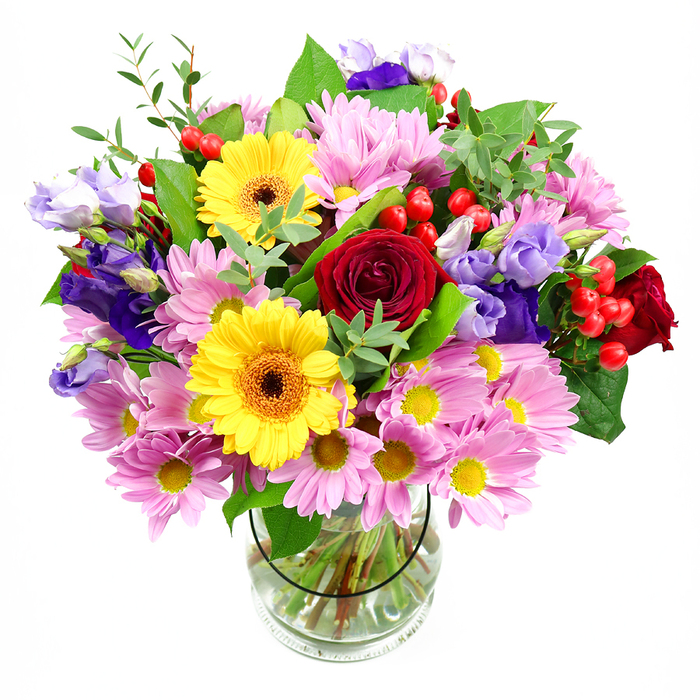 This generous vase arrangement presents a joyful mix of colours and textures, set crisply against a white background so each flower can be clearly imagined, as if you were peering into a Feltham Flowers display just off the High Street. At the core, deep red roses open luxuriantly, their velvety petals layered in tight spirals that suggest heartfelt emotion and timeless beauty. Beside them, two bold yellow gerbera daisies with rich brown-orange centres stand tall, their wide, open blooms radiating an instant cheerfulness reminiscent of sunlight over nearby Bedfont Lakes. Encircling these central stars, soft pink daisies or chrysanthemums gather in abundance, their many fine petals forming full, rounded heads with small yellow centres that echo the warmth of the gerberas while maintaining a gentle, soothing tone. Threaded delicately through the pink blooms, purple and lavender lisianthus introduce cooler, calming shades; their bell-shaped flowers, some just beginning to unfurl, add a sense of depth and graceful movement to the arrangement. Between the petals, clusters of bright red hypericum berries appear like shiny beads, rounded and smooth to the touch, providing texture and a slightly contemporary feel. A variety of green foliage-broad, polished leaves and more slender, airy sprigs-wrap around the bouquet, adding structure, volume, and the impression of freshly gathered garden foliage from a quiet Feltham side street. The clear glass vase supports the whole display, revealing neatly cut stems and perfectly clean water, showcasing the careful conditioning behind the design. The overall mood is warm, celebratory, and welcoming, making this bouquet ideal for birthdays, thank-you gestures, or simply adding a vibrant focal point to a Feltham home or office.