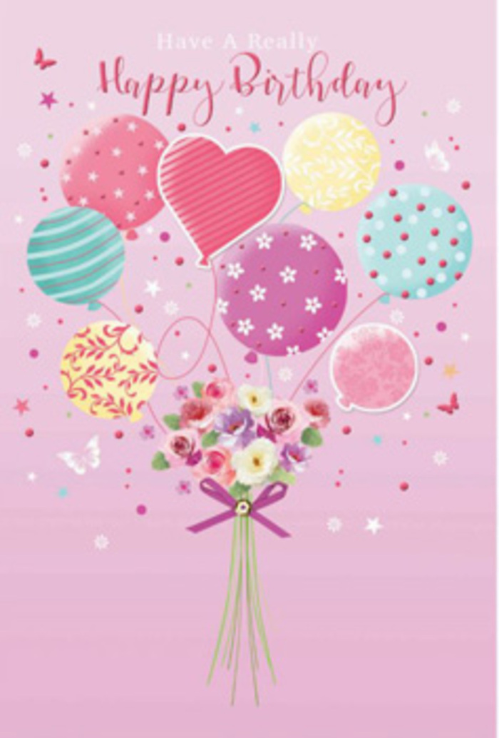 This birthday card artwork feels like a soft song of celebration floating through Feltham's parks and streets. The background is a gentle wash of pink, calm and inviting, against which a bouquet of pastel balloons floats upward, as if weightless with happiness. Each balloon is carefully detailed: some dressed in swirling ribbon stripes reminiscent of party streamers, others sprinkled with lively polka dots, and a few adorned with floral patterns that mirror the blooms below. Their colours-pale sunshine, rosy pink, sea green, teal, lavender, and buttery yellow-blend harmoniously, creating a soothing, festive palette. From their meeting point rises a hand-tied arrangement of petite roses and daisy-like flowers, arranged closely together in a rounded, full cluster. The petals are velvety and nuanced in shade, shifting gracefully from soft cream at the edges to rich blush and mauve near the centres, suggesting the gentle touch of an experienced florist. A satin bow in a deep violet hue wraps the stems neatly, its sheen adding a touch of refinement, like the finishing ribbon on a gift chosen with care. Around the main bouquet, whimsical butterflies flutter and tiny stars glimmer, creating the impression of a moment suspended in time, perhaps just as the birthday candles are about to be blown out. Soft, diffused light bathes the entire scene, highlighting the roundness of each balloon and the delicate curves of the petals without casting strong shadows. The overall mood is one of gentle jubilation and affection, a visual expression of the wish that the recipient's birthday be bright, tender, and memorably sweet.
