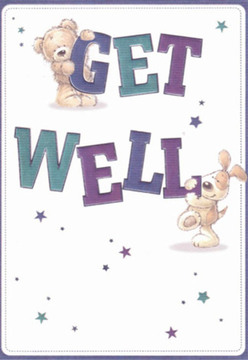 With a sense of instant comfort and easy optimism, this get well card's illustration perfectly captures the healing atmosphere cherished throughout Feltham. A cuddly teddy bear, rendered in delightfully soft textures, sits atop the word 'GET', its arms stretched with gentle encouragement, while a playful puppy, ears floppy with affection, cozies up to the standing 'WELL' below. Their expressive faces radiate hope and the warmth of friendship, traits so often celebrated in local gatherings and friendly chats near Feltham High Street. Deep shades of purple and teal highlight the cheerful message, echoing the vibrant tones found in bouquets crafted by Feltham Flowers and delivered to homes from Bedfont Lakes to Hounslow Road. Dotted stars in cool blues and dusky purples dance across the clean white background, each twinkle a sign of possibility and care. The whole composition feels like a little celebration of recovery-crafted with the kind of thoughtful intent our florists bring to every arrangement. This card, whether accompanying fresh blooms or delivered as a standalone note, is a gentle, tactile invitation to brighter days and renewed hope within the Feltham community.