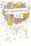 A celebratory congratulations card is shown here, its design alive with gentle sparkle and movement, ideal for tucking beside a fresh bouquet delivered anywhere in Feltham. At its heart, an artful arrangement of balloons seems to drift upward, overlapping in a soft, luminous palette of metallic gold, silver, champagne, whispery blue, rosy pink, and soothing grey. Each balloon features its own subtle decoration-scattered twinkling stars, slim stripes, or delicate glitter-like flecks-so they catch the imaginary light much like party balloons glowing under ceiling lamps in a cosy Feltham living room. Slender, fluid strings in shimmering gold and silver fall from each balloon, curling and looping together with the relaxed grace of gift ribbon trailing from a hand-tied bouquet. Across the middle of the card, a gently curved banner stretches from side to side, bordered and softly shaded to give it depth, its surface carrying the congratulatory message in elegant, flowing calligraphy. Around this central composition, tiny stars, swirls of ribbon, and dots of confetti drift over a calm, pale background, creating a sense of airy festivity as if the design itself were caught in a celebratory breeze. The card appears luxuriously tactile, suggesting smooth, quality card stock, raised glitter accents, and glossy ink you could trace with your fingertips. The mood is joyful yet tasteful, perfectly suited to honouring achievements from school results and university offers to new jobs or promotions for those living and working around Feltham, Bedfont, and the surrounding West London neighbourhoods. This card visually conveys the warmth, admiration, and shared happiness behind your congratulations.