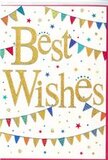 This congratulations card glows with the same friendly energy you might feel walking through Feltham on a sunny market day. Its background is a smooth expanse of bright white, creating a calm, uncluttered setting where the design can shine. In the middle, the message Best Wishes is written in rich golden script that curves and loops gracefully across the card. The letters have a slightly raised, glittered or foiled surface, catching the light so they seem to sparkle softly-like reflections on puddles after rain along Feltham's pavements. This gold tone is warm and inviting, conveying genuine encouragement. Gently arching above and below the words are strings of colourful bunting, as if draped across a room prepared for a celebration. Each small pennant is painted in vivid shades-bold reds, ocean blues, spring greens, sunny yellows, and pops of pink and orange-arranged in a pleasing rhythm of colour. Some flags are plain, others carry tiny patterns of dots, narrow stripes, or mosaic-style markings, adding charming detail when viewed up close. The arcs of bunting suggest soft movement, as if a light indoor breeze is causing them to sway over a party table. Scattered around these garlands and nestled between the letters are miniature stars and confetti dots in coordinating colours, including touches of metallic gold that echo the central script. These tiny shapes feel like frozen bursts of laughter and applause, bringing the design to life. The overall effect is joyous but not overdone, making this card a perfect companion for bouquets delivered across Feltham to celebrate everything from exam success to new homes. It carries a sense of shared happiness, sending the clear, simple message that someone is proud of the recipient and wishing them well in the most heartfelt way.