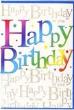 This birthday card design radiates cheerful energy, the kind you might feel walking into a surprise party in Feltham where everyone has gathered just for you. The front is dominated by the words Happy Birthday, written in wide, rounded letters that stretch comfortably across the card, giving a sense of openness and welcome. Each letter shifts through a soft yet vivid gradient of colour, beginning with deep rose and crimson hues, sliding into warm sunset oranges and peaches, then cooling into aqua blues and fresh lime greens, with hints of sunshine yellow woven through. The transitions are smooth and luminous, like a rainbow mist or the careful blending of blooms in a celebratory bouquet from Feltham Flowers. Layered behind this bold central greeting, the background is filled with fine golden script that gently repeats the phrase Happy Birthday to you. The writing is slender and flowing, its metallic sheen catching the light in delicate glimmers that suggest sophistication without overshadowing the main text. This repeated script forms a decorative pattern, giving the design depth and a sense of continuous, whispered well-wishes. Light, spark-like flecks and tiny dots are sprinkled across the composition, recalling scattered confetti or the shimmer of fairy lights at an evening gathering. The card's surface looks smooth to the touch with a subtle glossy finish, causing the colours and gold lettering to appear almost jewel-like. Altogether, the card conveys joy, warmth, and celebration-an image that captures the excitement of marking a birthday with friends, family, and thoughtful touches throughout Feltham.