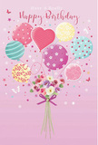 This charming birthday scene is like a little pocket of joy drifting above a quiet Feltham lane. A cluster of pastel balloons rises from the centre of the composition, set against a soothing pink background that feels both festive and calm. The balloons are painted in soft, inviting colours-blush, teal, sea green, lavender, and warm yellow-with each one given its own decorative twist: some spiral with candy-like stripes, others twinkle with cheerful polka dots, and one central heart-shaped balloon glows with a sense of affection. From their gathered base emerges a hand-tied bouquet of roses and anemone-like blossoms, the flowers closely clustered to create a sense of abundant freshness. The petals are feathery and delicate, blending from creamy ivory through blush pink into muted mauve, as though brushed by early morning light. A gleaming violet satin bow ties the stems, its sheen and smooth texture adding a note of quiet elegance, like ribbon chosen thoughtfully at a local florist counter. Tiny stars and fluttering butterflies drift around the design, giving it a touch of fairy-tale magic, as if birthday wishes are visibly floating in the air. Gentle light glides across the balloons, catching their rounded shapes, and rests on the petals, enhancing their natural softness without any harsh contrasts. The entire image conveys a sense of lightness and joyful anticipation, ideal for marking a special birthday with something that feels both playful and beautifully considered, full of colour, warmth, and the timeless charm of flowers and balloons shared in celebration.