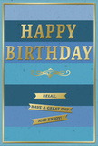An elegant birthday card in shades of blue and accents of gold is depicted as if resting beside a small vase of flowers in a Feltham kitchen, adding a gentle note of celebration to the scene. The background is built from large, horizontal blue stripes that transition softly from darkest navy at the base through denim and teal, then on to lighter ocean and sky-blue tones near the top, creating a serene, layered effect reminiscent of a clear day unfolding over Feltham's streets and gardens. Across the central portion of the card, the greeting HAPPY BIRTHDAY is embossed in shining gold foil, the capital letters bold yet refined, with a slight raise that allows them to catch and reflect the surrounding light. Just underneath, a delicate golden flourish curls outward in a symmetrical pattern, lending the design a hint of vintage elegance and suggesting the thoughtful care behind the card's creation. Below this flourish, three slim gold banners run side by side, each one inscribed with a portion of the phrase Relax, have a great day and enjoy! Their placement adds structure and rhythm, guiding the viewer's gaze through the complete message. A thin gold border outlines the entire design, offering a finished, framed feeling. The surface appears smooth and velvety, the matte blues setting off the metallic shine of the gold details. Imagined in a Feltham home near the High Street or close to local parks, this card feels like a calm, heartfelt gesture, perfect to accompany a birthday delivery of fresh blooms and a quiet moment of happiness.