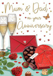 This illustrated anniversary card captures the indulgent charm of a special evening shared by a long-married couple in Feltham, surrounded by the small luxuries that make the day feel extraordinary. At the centre, two elegant champagne flutes rise gracefully from the table, filled with luminous, golden fizz that appears to sparkle in soft, ambient light, as though reflected from a nearby lamp in a cosy living room. The glasses stand close together, suggesting an intimate toast between Mum & Dad. Just in front of them sits a heart-shaped chocolate box painted in a rich, romantic red and adorned with a lavish satin bow whose curved loops and trailing ends spread across the lid. The top is slightly lifted, revealing an array of carefully drawn chocolates in deep cocoa hues, each one distinct and tempting. Resting alongside, two sumptuous red roses lie gently on the tabletop, their petals full and velvety, unfurling in lush layers that recall the finest stems chosen by a skilled Feltham florist preparing an anniversary arrangement for delivery around Hounslow Road or Bedfont. Soft green leaves frame the blooms, adding freshness and balance. Scattered across the warm, neutral background are tiny hearts in shimmering gold and deep crimson, giving a sense of joyful movement and celebration. A bold scarlet envelope lies nearby, invitingly closed, its angular flap suggesting a handwritten message tucked safely inside, waiting to be opened at the end of the evening. Altogether, the card's composition feels romantic, homely, and gently luxurious, honouring the sweetness, comfort, and enduring affection that define a long-lasting marriage.